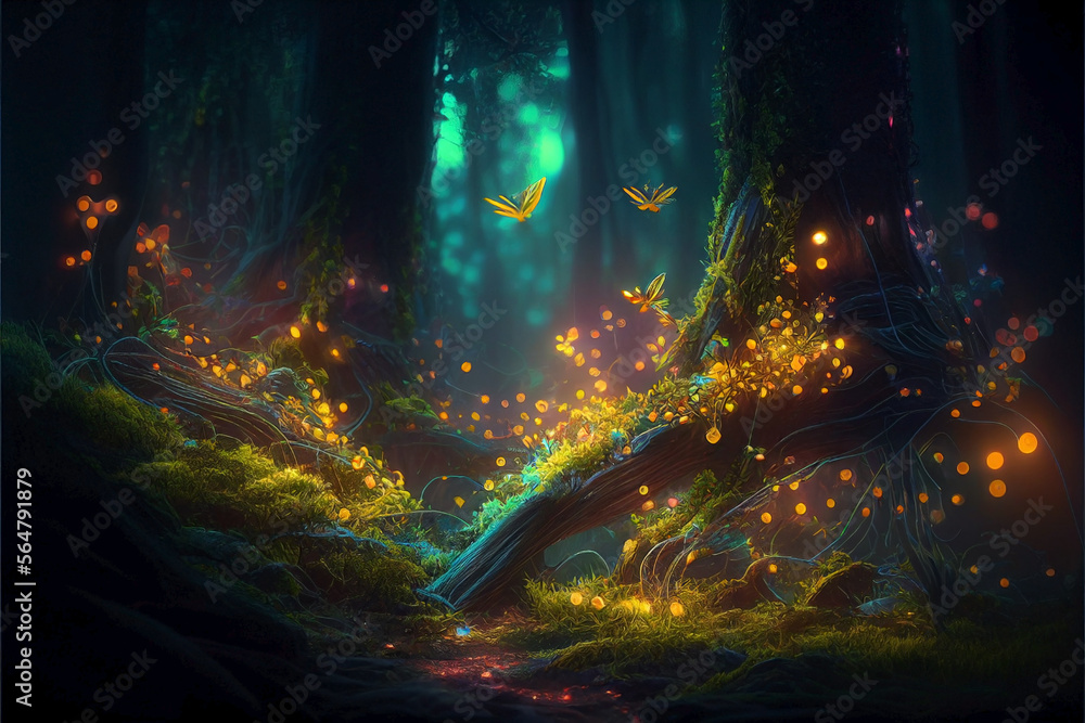 Ai generated. Magic nature glowing in the dark. Mysterious enchanted forest concept at night. Butterflies flying over a moss filled log.