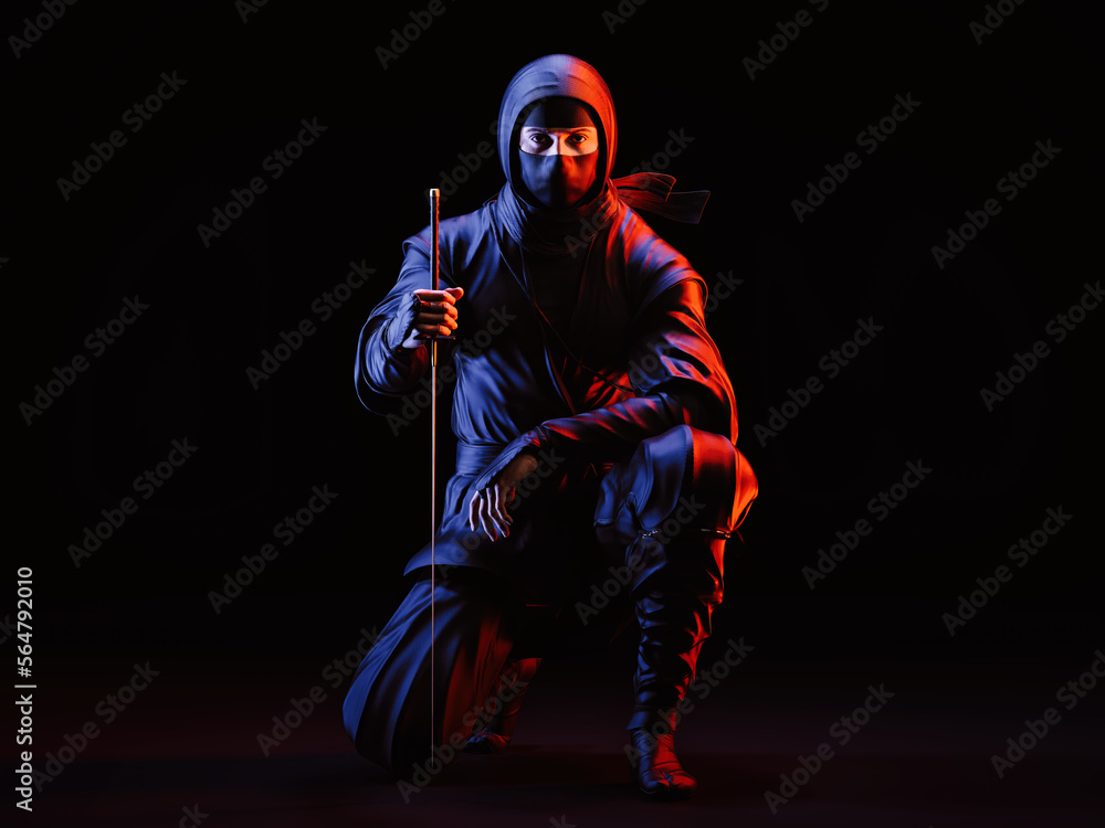 A Ninja sits on one knee. 2-color light. 3D illustration.