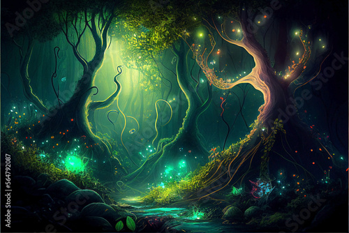 Ai generated. Magic nature glowing in the dark. Mysterious enchanted forest concept at night. Bright green firelights between the trunks of the trees.