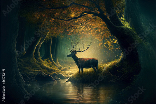 Ai generated. Magic nature glowing in the dark. Mysterious enchanted forest concept at night. Silhouette of a male deer with large antlers drinking at the river. © Cala Serrano