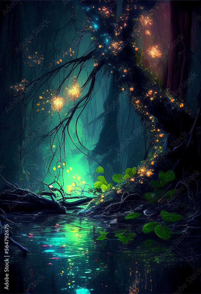 Ai generated. Magic nature glowing in the dark. Mysterious enchanted forest concept at night. Jungle landscape in the marsh swamp on the river bank.