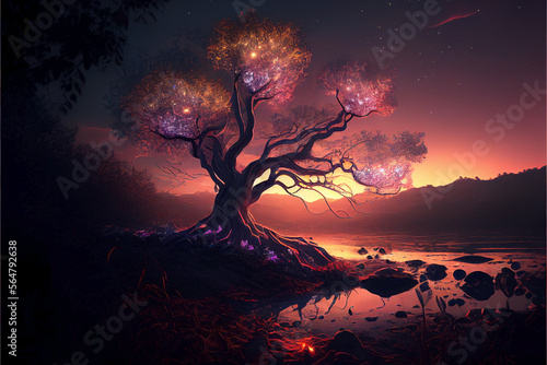 Ai generated. Magic nature glowing in the dark. Mysterious enchanted forest concept at night. A large giant tree trunked and twisted on the edge of a river delta at the mouth. Angry sky at sunset.