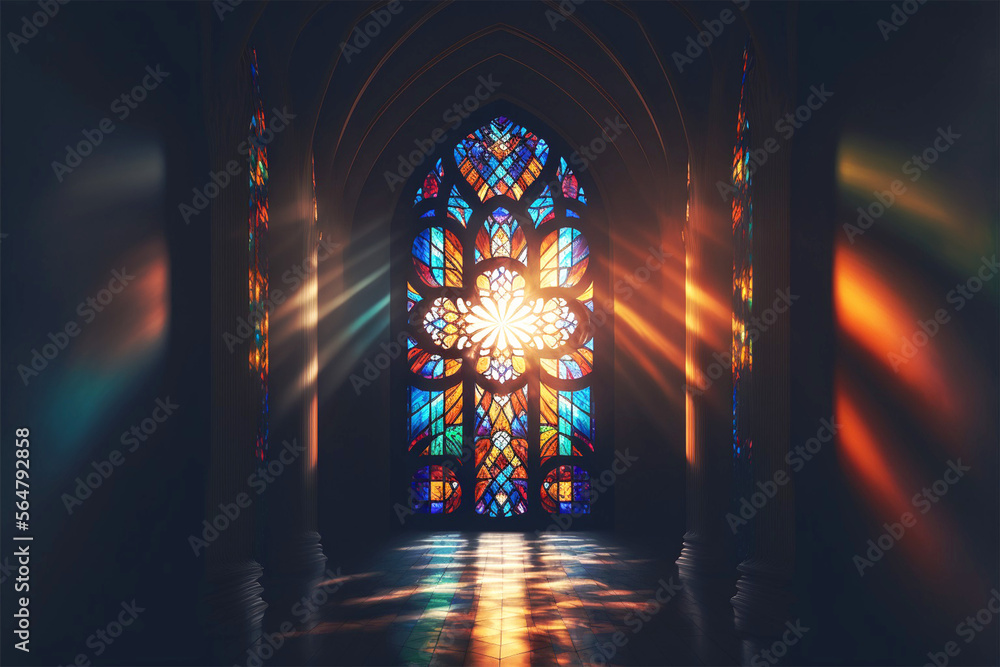 beautiful vibrant stained glass window of the cathedral with piercing rays of bright sunlight shining in the aisle, church, catholic generative ai  - obrazy, fototapety, plakaty 