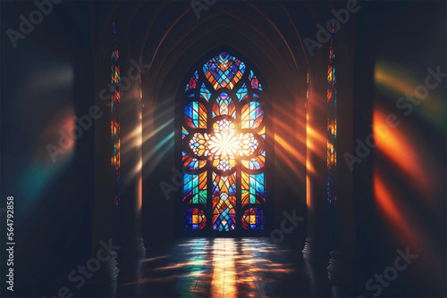 Leinwand Poster beautiful vibrant stained glass window of the cathedral with piercing rays of br