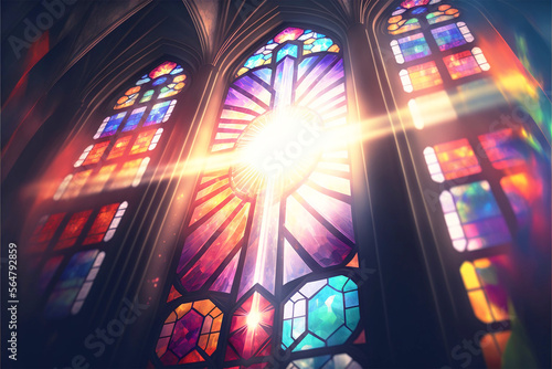 Canvas Print beautiful vibrant stained glass window of the cathedral with piercing rays of br