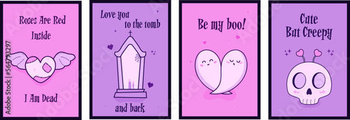 Set of alternative Valentine cards. Creepy clipart. Spooky love. Kawaii pastel goth style. Dead inside. Ragged heart with seam. Be my boo. Ghost couple hugging love.