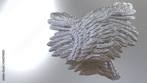 Overlapping metallic silver graduated wings under white-blue lighting background. Concept 3D CG of free activity, decision without regret and strategic action.