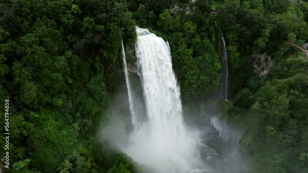 Incredible Marmore Falls The Tallest Man-Made Waterfall In Umbria, Province of Terni, Italy. Aerial Shot Incredible Marmore Falls The Tallest Man-Made Waterfall In Umbria, Province of Terni, Italy. Aerial Shot
