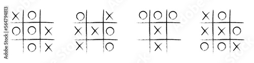 Tic tac toe game competition set. noughts and crosses black grunge brush in Hand draw. Graphic vector illustrations isolated