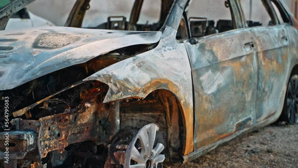 broken and burn out car after accident in dumping ground, utilization old rusty automobiles broken and burn out car after accident in dumping ground, utilization old rusty automobiles