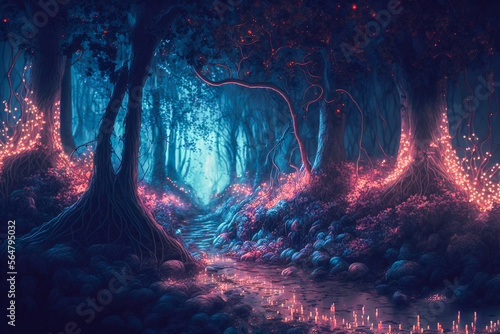 Gloomy fantasy forest path with ethereal glowing lights