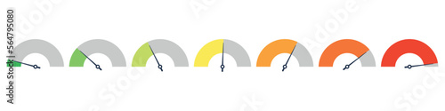 Set of speedometer  speed dial indicator. Green and red  low and high barometers bad and good level or risk scale. Vector isolated illustration