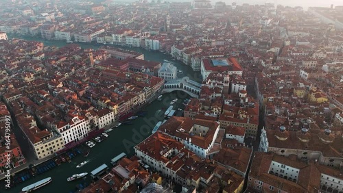 Famous Rialto Bridge On Grand Canal In Venice, Italy - aerial panoramic