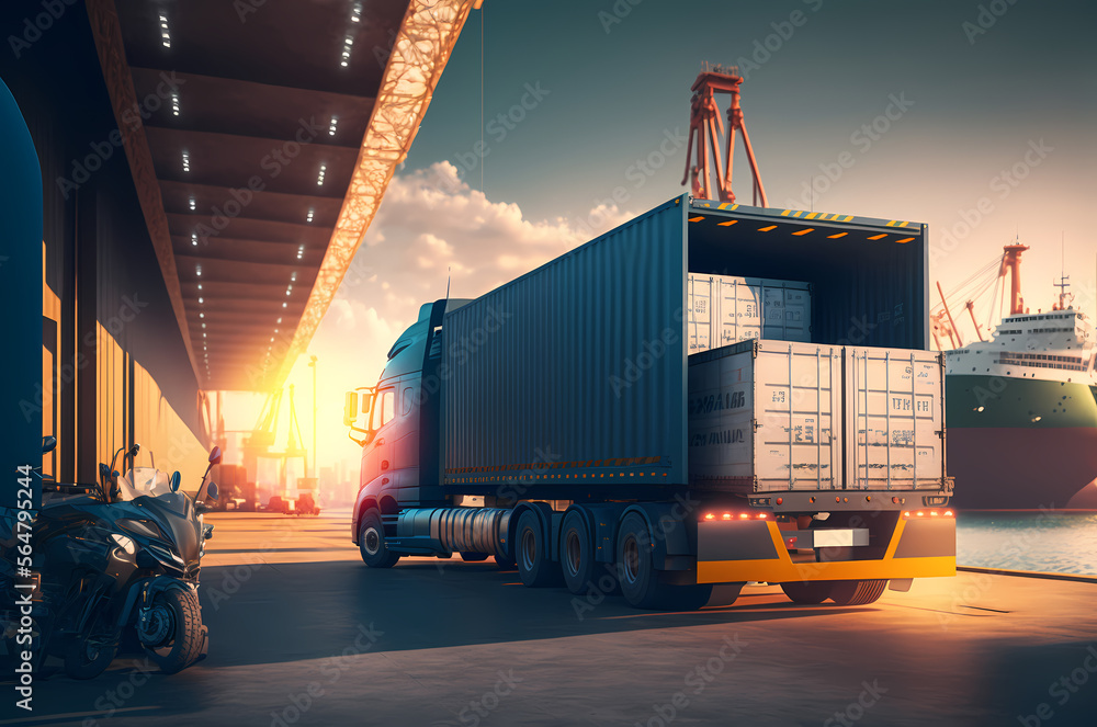 Industrial port, International logistics center warehouse, transport industry. Container trucks and cargo ship, sunlight. Generation AI