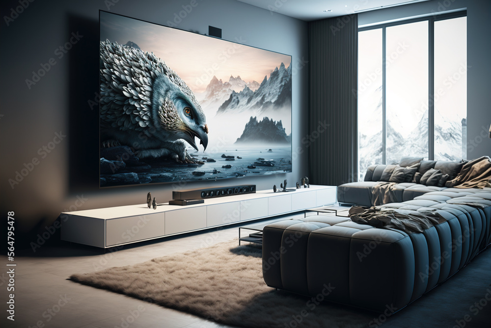 Big TV wall screen in modern living room, television set in luxury  interior, generative AI Stock Illustration | Adobe Stock