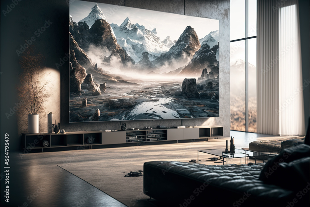 Big TV wall screen in modern living room, television set in luxury  interior, generative AI Illustration Stock | Adobe Stock