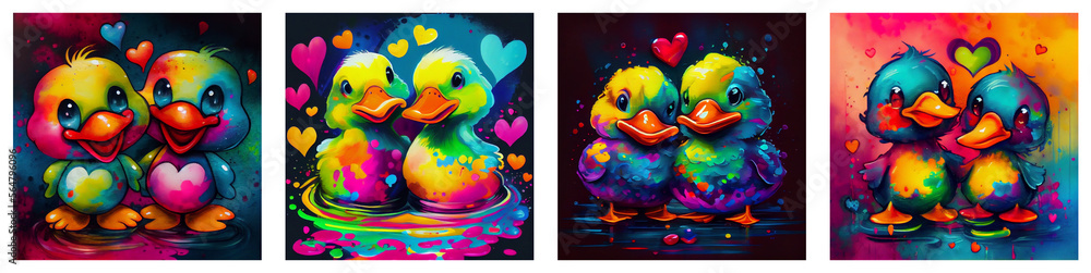 Set of couple of adorable ducks with hearts. AI generative.