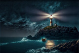 Lighthouse beaming over rocky ocean waves under sunrise sky