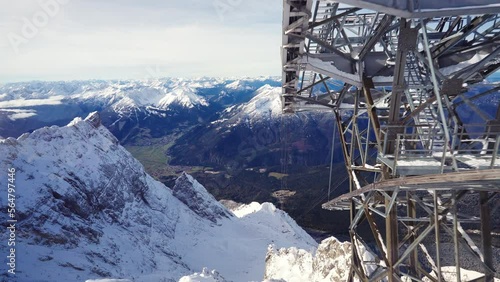 inside cable car gondola on a snowy winter mountain in the alps on Zugspitze