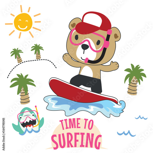 Surfing time with cute little bear at summer. Can be used for t-shirt printing, children wear fashion designs, baby shower invitation cards and other decoration.