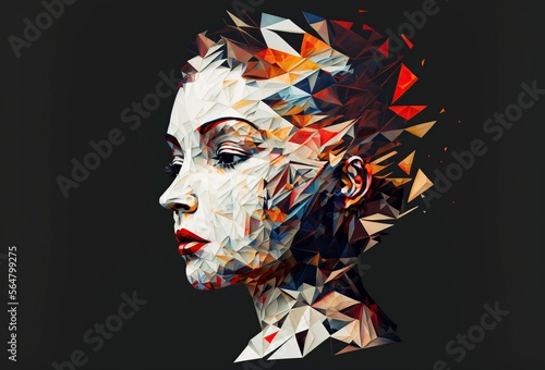 illustration, abstract female head made of geometric fragments, generative AI