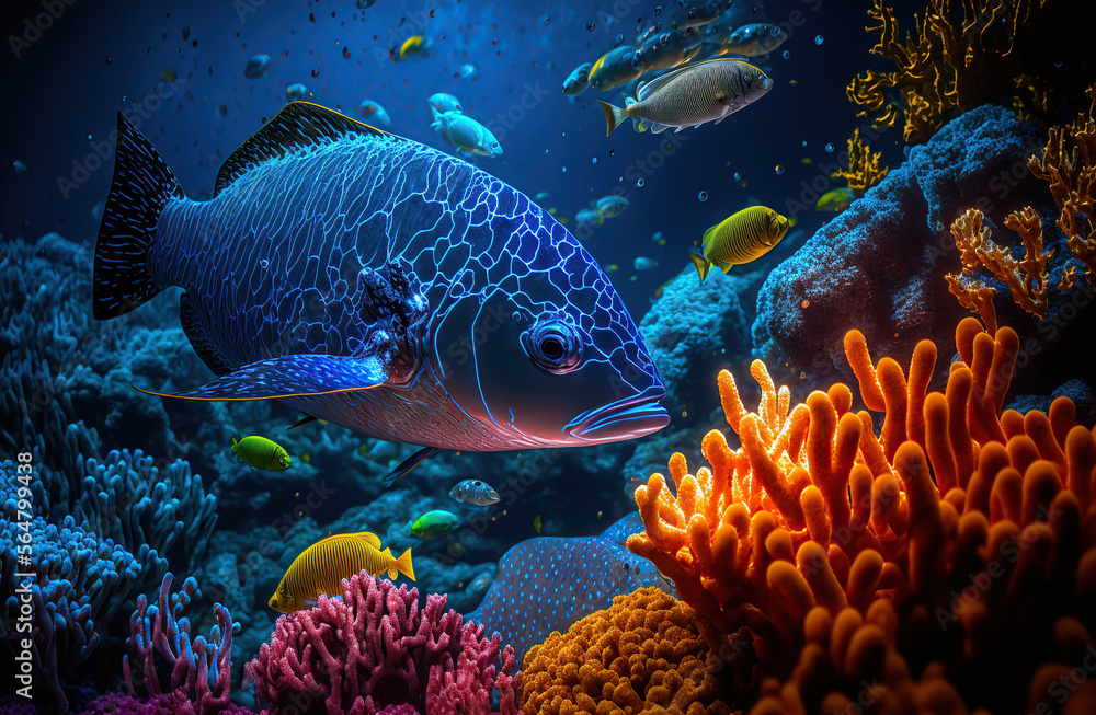 ryba wśród rafy koralowej - obrazy, fototapety, plakaty 