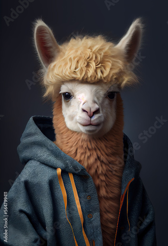 illustration of a cute alpaca in a sporty style. close -up portrait. Generative AI