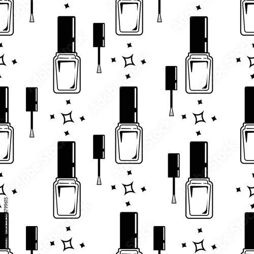 Black and white seamless pattern with nail polish bottles and brushes. Contour nail polish bottles. Background for nail shop, beauty blog, nail studio, social media post, wrapping paper, textile.