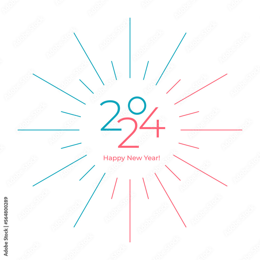 Happy New Year 2024. Modern abstract greeting card. Symbolic logo of 2024 inside a stylized firework, snowflake, sun. Minimal joyful flat design template. Vector illustration Happy New Year 2024. Modern abstract greeting card. Symbolic logo of 2024 inside a stylized firework, snowflake, sun. Minimal joyful flat design template. Vector illustration