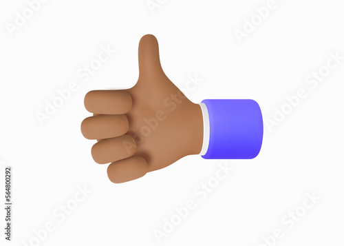 Like Sign. Like - Hand Gesture Thumb Up. African American Hand in a blue jacket with a white shirt. 3d Cartoon style Icon for Apps, Web, Advertising, Posters isolated on white. 3D Vector illustration