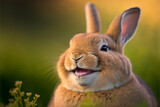 Laughing Easter bunny rabbit with big open mouth smile. Cotton tail in an open field of green.  A cute and funny Easter image created with generative ai