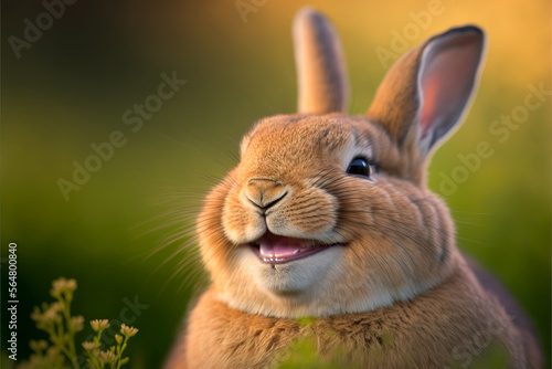 Laughing Easter bunny rabbit with big open mouth smile. Cotton tail in an open field of green.  A cute and funny Easter image created with generative ai © touchedbylight