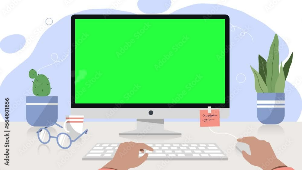 Work place at home video concept. Moving hands of employee hold mouse and work on computer keyboard in front of monitor. Screen with green chroma key or copy space. Flat graphic animated cartoon