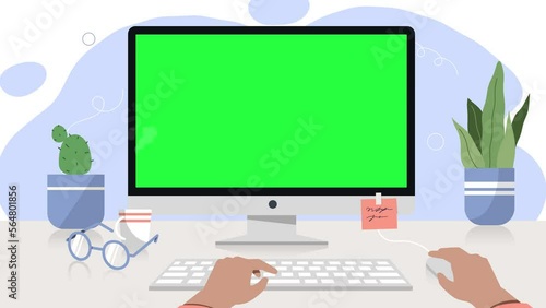 Work place at home video concept. Moving hands of employee hold mouse and work on computer keyboard in front of monitor. Screen with green chroma key or copy space. Flat graphic animated cartoon