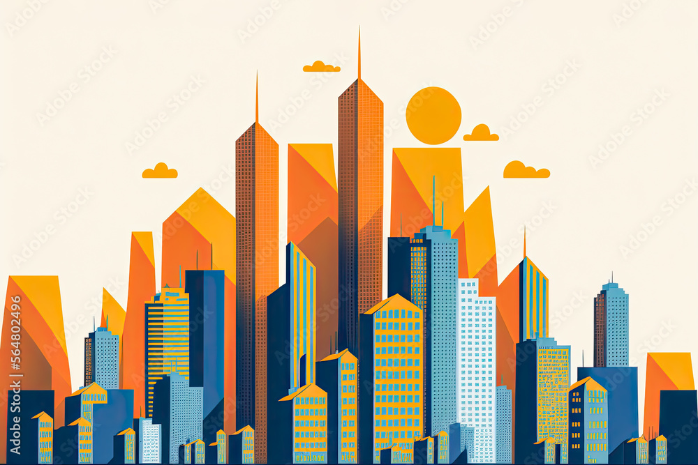 Illustration minimaliste de gratte-ciels bleus et oranges en ville, immeubles citadins, illustration IA générative - obrazy, fototapety, plakaty 