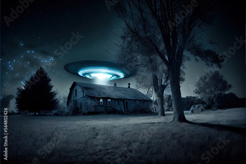 An unidentified flying saucer has stopped over a house on an old farm and is scanning the house with a beam. UFO concept. 3D illustration, generative ai