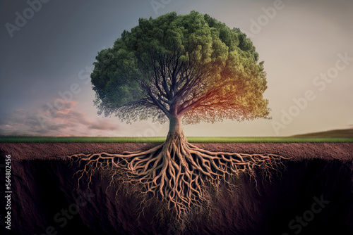 Arbre centenaire avec racines apparentes, symbolise la solidité des racines qu'on ne voit pas, illustration IA générative photo