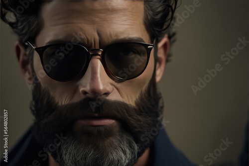 Bearded mid aged man using sunglasses looking at the camera. Generative AI