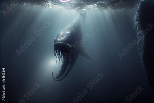 Sea fish monster. A monster from fairy tales, a terrible monster that lives at the bottom of the ocean or sea. Sea monster. Generative ai photo
