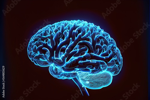 The human brain on a blue background the concept of artificial intelligence, biological chipping, perfect intelligence on blue background. Generative AI