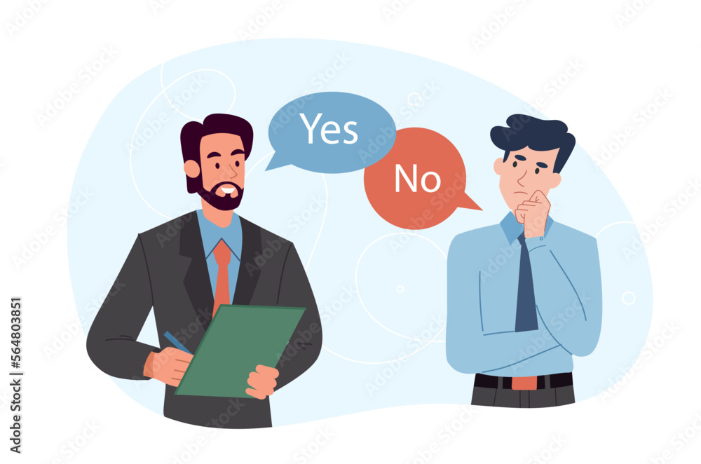 Business discussion concept. Characters communicate, brainstorm. Partners negotiate and make deal. Efficient workflow and employee interaction. Poster or banner. Cartoon flat vector illustration Business discussion concept. Characters communicate, brainstorm. Partners negotiate and make deal. Efficient workflow and employee interaction. Poster or banner. Cartoon flat vector illustration
