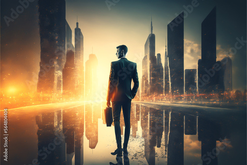 A professional man is walking confidently towards his goal, the idea of using technology to reach success. He is an example of how modern businesses are utilizing cutting-edge technology generative ai