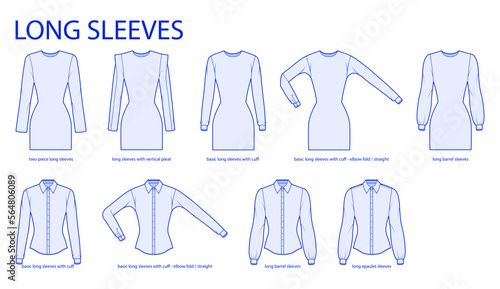 Set of Long sleeves basic clothes with cuff, long length, two piece, vertical pleat, epaulet technical fashion illustration, fitted. Flat apparel template front side. Women, men unisex CAD mockup