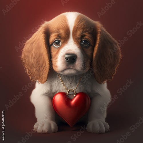 Cute brown and white puppy with floppy ears and sad eyes wearing a gold chain with a big red heart on it, generative AI illustration