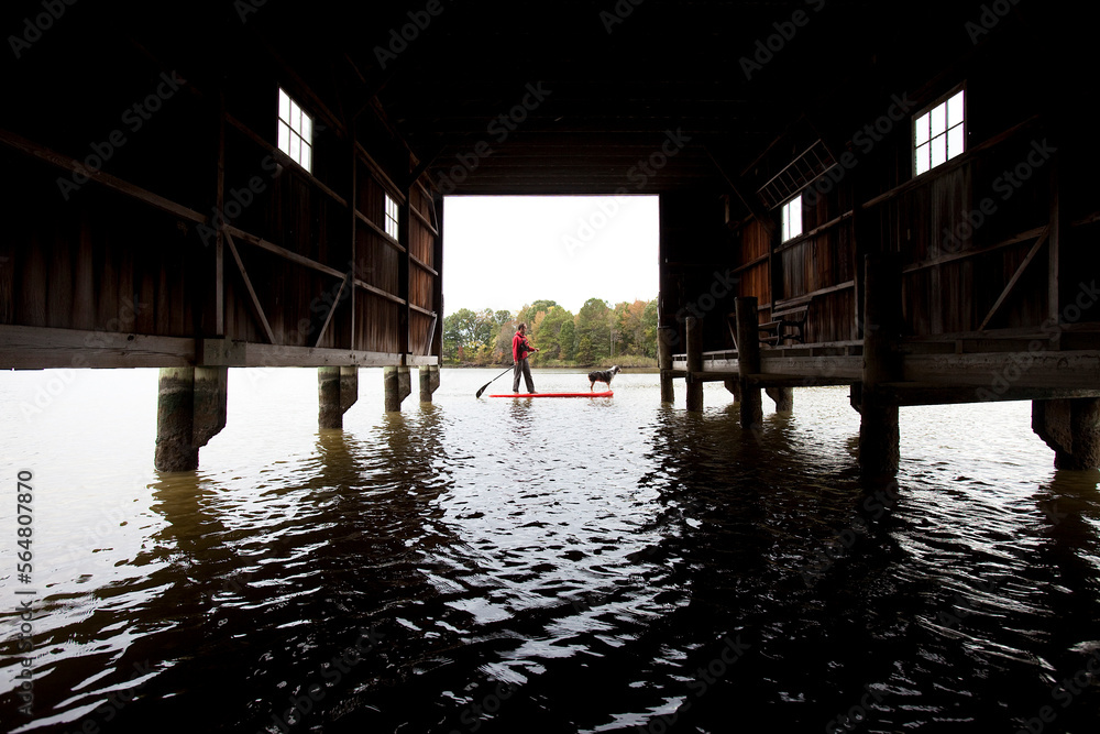 One man and his dog stand up paddleboarding and framed by an old boathouse. One man and his dog stand up paddleboarding and framed by an old boathouse.