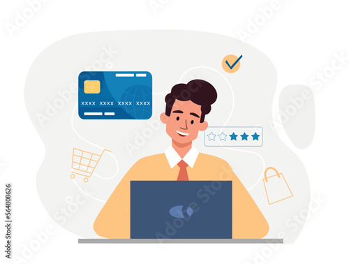 Online shopping concept. Man with laptop and card writes review for product. Home delivery and modern technologies. Satisfied customer feedback, ranking and rating. Cartoon flat vector illustration