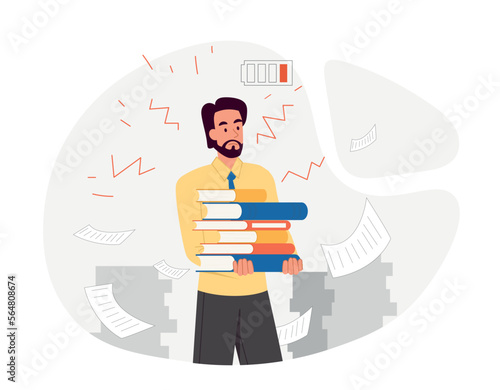 Physical difficulties concept. Man with low energy carrying stack of books. Employee in office. Overworked worker, burnout and stress. Graphic element for website. Cartoon flat vector illustration