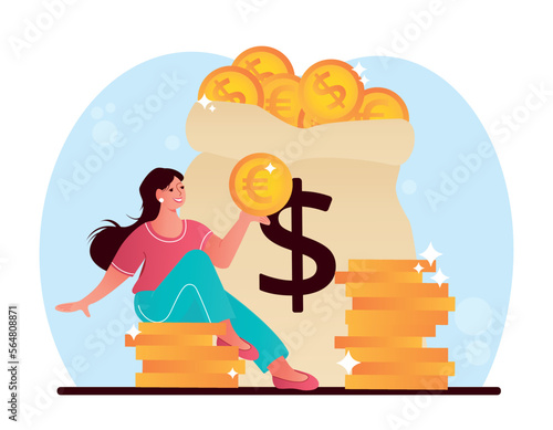 Money accumulation concept. Young Girl with gold coins. Metaphor of financial literacy and passive income. Successful investor or entrepreneur. Poster or banner. Cartoon flat vector illustration