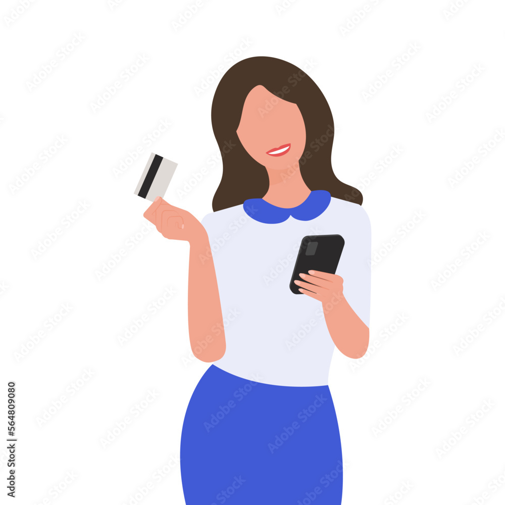 Young woman holding card and phone with smile on her face. Standing pose isolated faceless silhouette female cartoon character Flat vector illustration. White background. Svg, eps, jpg, png Young woman holding card and phone with smile on her face. Standing pose isolated faceless silhouette female cartoon character Flat vector illustration. White background. Svg, eps, jpg, png
