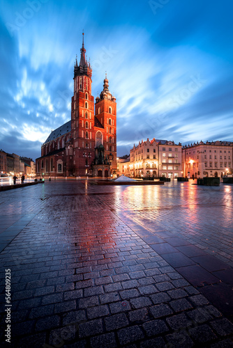  St. Mary's Basilica on the main square in Krakow in the morning. Beautiful place in Cracow. 